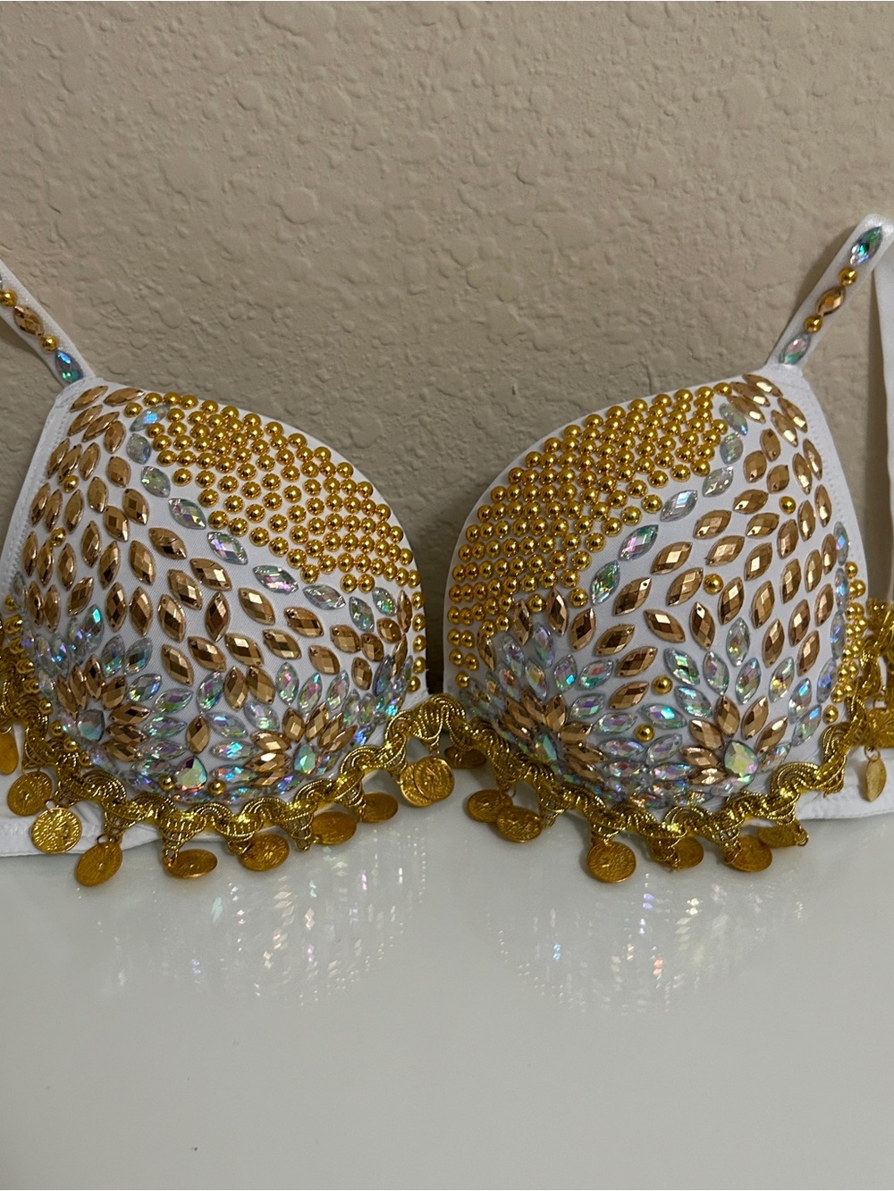 Handmade White & Gold Rhinestone Belly Dance Costume Bra 75C